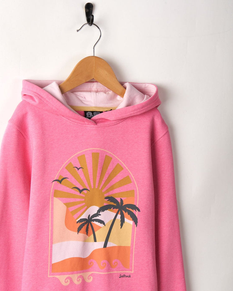 Retro Seascape - Recycled Kids Longline Pop Hoodie - Pink