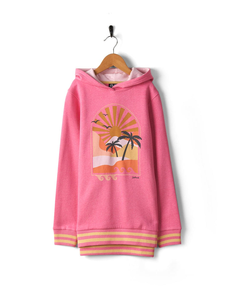 Retro Seascape - Recycled Kids Longline Pop Hoodie - Pink